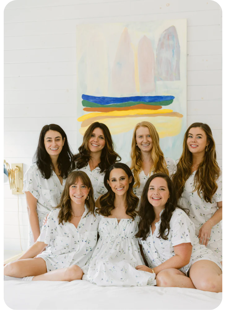 a bridal party posing and wearing the same pattern shirt RG|NY