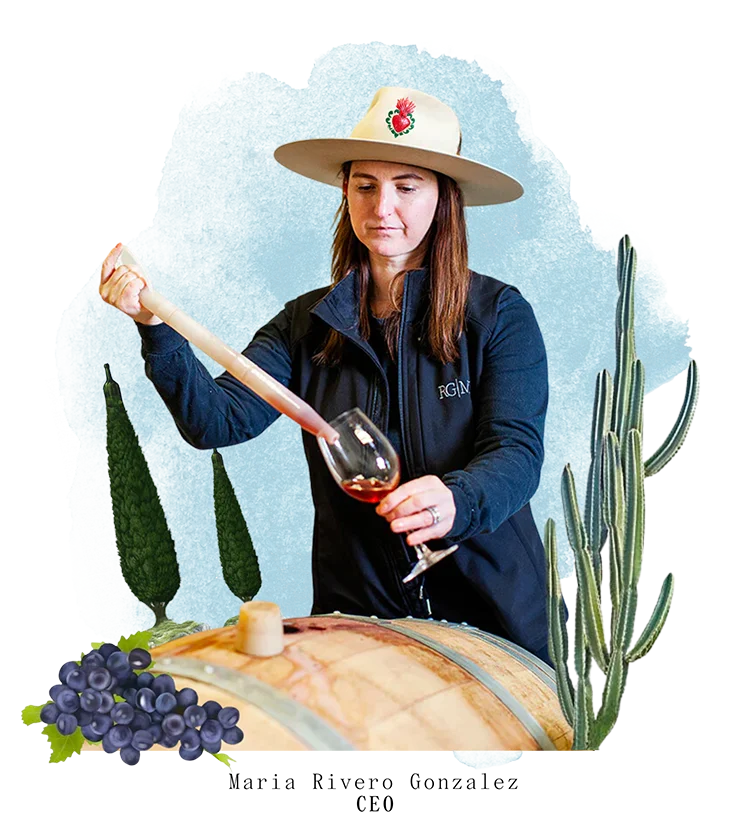Illustrated image of Maria Rivero, CEO of RG|NY Winery testing a batch of wine.