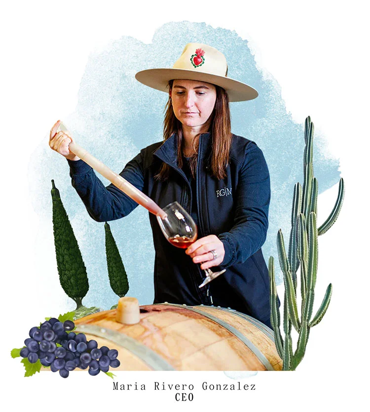 Illustrated image of Maria Rivero, CEO of RG|NY Winery testing a batch of wine.